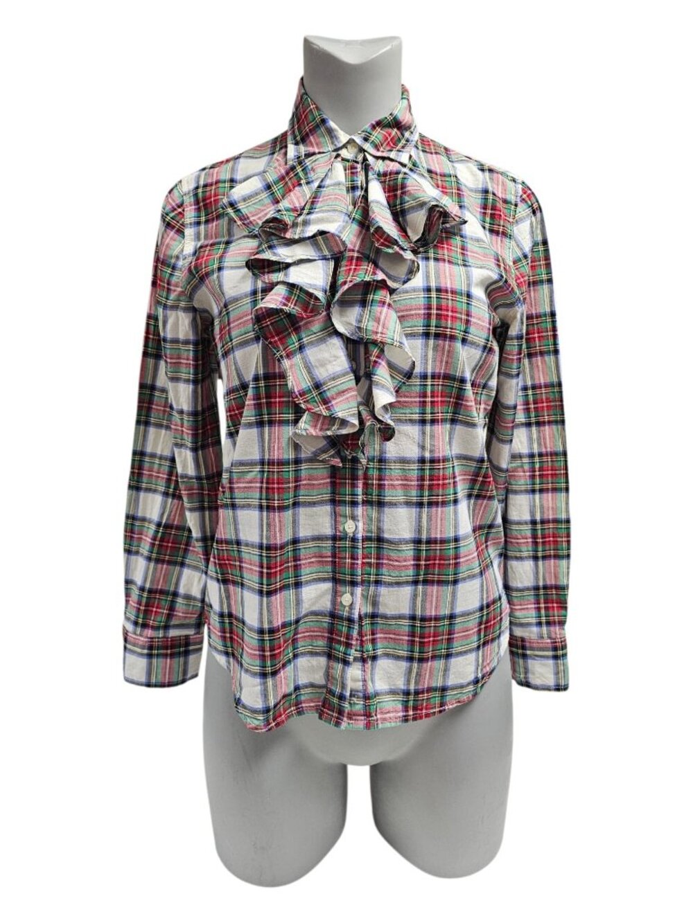 U.S. Polo Assn. ruffled jabot holiday plaid button-up blouse . small